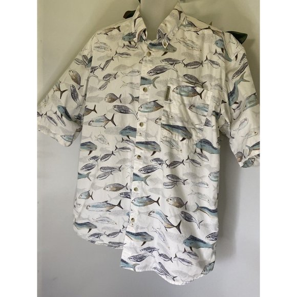 Columbia Men's Fish Print Button Up Shirt XL Vintage Pocket Logo 100% Cotton EUC - Picture 11 of 16